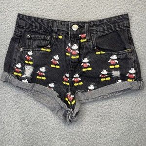 Forever 21 Mickey Mouse Denim Shorts Womens 24 Black Jean Mid Rise Very Short